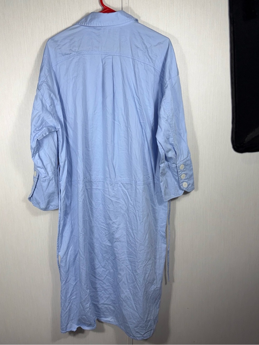 ZARA L Light Wash Chambray Oversized Button Down Shirt Dress Midi Blue Tie Back - Picture 9 of 11